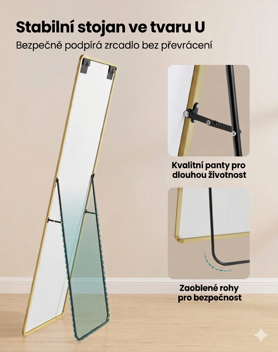 Stojící zrcadlo se zlatým rámem 160 x 50 cm